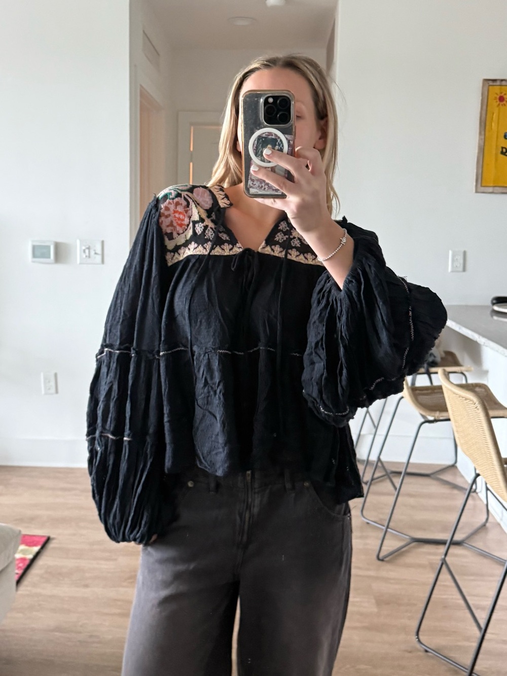 Free People Black Embroidered Peasant Blouse with Pink & Cream Accents